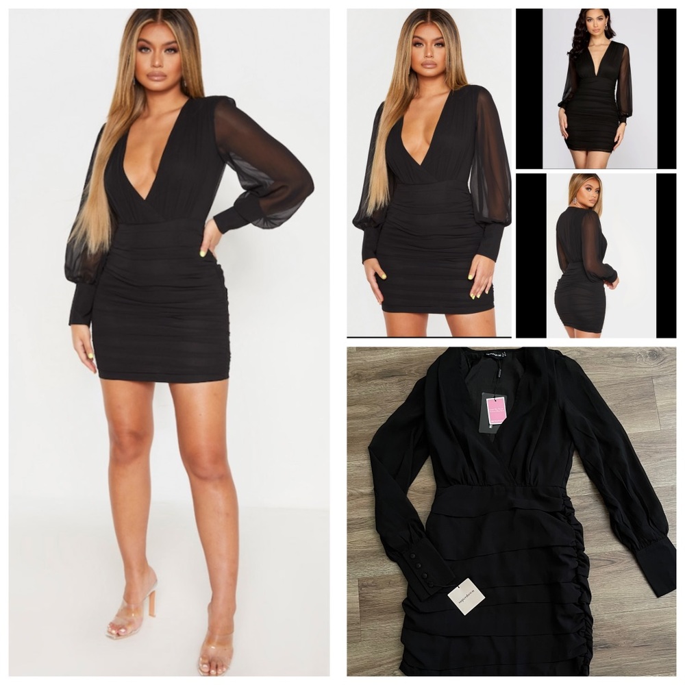 Pretty Little Thing Black Long Sleeve Chiffon Ruched Dress. NWT